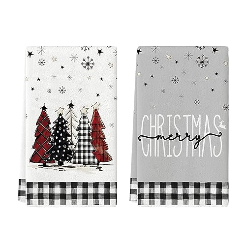 Artoid Mode Buffalo Plaid Merry Christmas Kitchen Towels Dish Towels, 18x26 Inch Winter Xmas Trees Star Decoration Hand Towels Set of 2 - Black/Beige