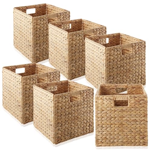Casafield 12" x 12" Water Hyacinth Storage Baskets, Natural - Set of 6 Collapsible Cube Organizers, Woven Bins for Bathroom, Bedroom, Laundry, Pantry, Shelves - 6-Pack - Natural