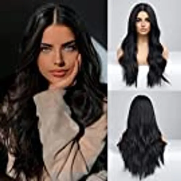 HAIRCUBE Long Black Wigs for Women, Synthetic Curly Hair Wig Middle Parting