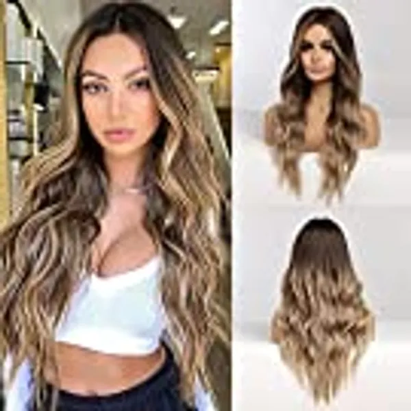 Long Wavy Wigs Ombre Dark Blonde Wigs for Women, Heat Resistant Synthetic Wigs with Brown Root for Daily/Party/Cosplay (26 Inch,Ombre Dark Ash Blonde)