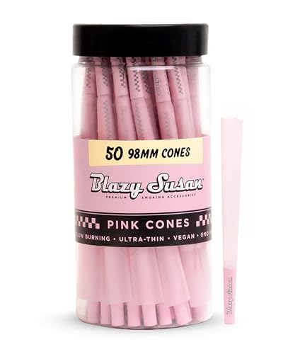 Blazy Susan Pink Pre-Rolled Cones, 50 Count (98mm) - Slow-Burning Rolling Paper & Super-Thin Natural Preroll Cones with Filter Tips - Vegan, GMO-Free, Convenient & Easy-To-Use Prerolled Cones - 50 Count (Pack of 1)