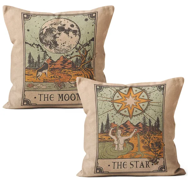 Tarot The Moon The Star Throw Pillow Covers, Gifts for Tarot Astrology Lovers, Women, Girls, Daughter, Sister, Astrology Themed Decorative Linen Pillowcase for Sofa Bed Room, 18 x 18 Inch Set of 2 - 