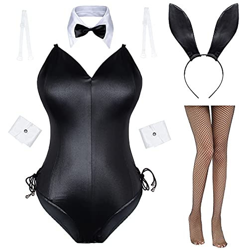 AiMiNa Womens Bunny Costume Girl Suit Senpai Cosplay Anime Role Costume One Piece Bodysuit stockings set - Large - Black/White-removable Padded
