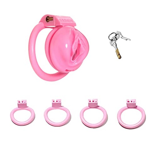 Kutocesy Chastity Cage Pink Fake Women Vagina Penis Cage with 4 Rings Chastity Devices Breathable Resin Cock Cage Lock Male Sissy SM Extreme Sex Toys (Third Generation-Large) - Third generation-Large