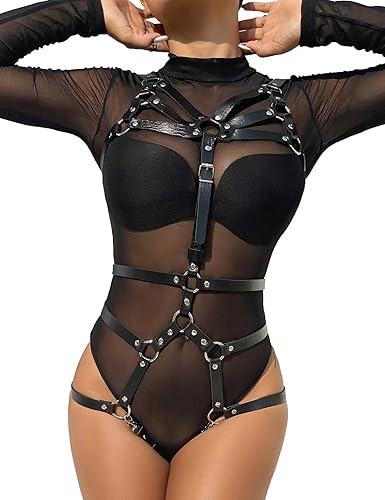 ohmydear Full Body Harness for Women Sexy Strappy Chest Harness Gothic Pentagram Bra Set Strap Adjustable Punk Garters Suspender Belt Lingerie for Rave Party - Black - One Size
