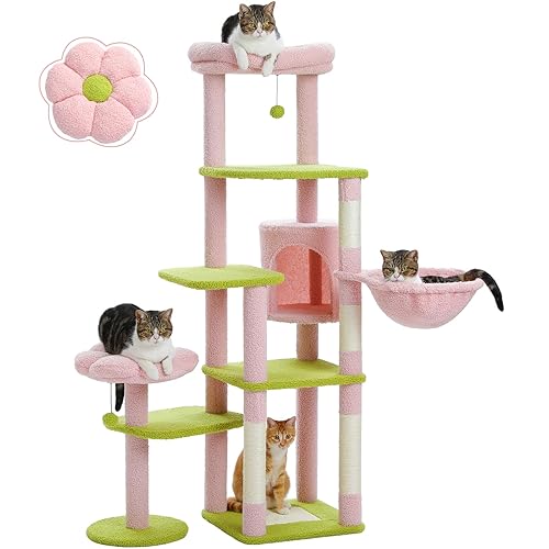PETEPELA 150cm Cactus Cat Tree, Tall Cat Tree for Large Cat, Multi-Level Cat Tower, Cat Tree for Indoor Cats, Cat Condo with Large Hammock, Scratching Post and 2 Perches, Pink - Pink - L-150cm