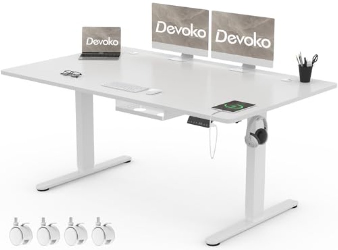 Devoko Schreibtisch Höhenverstellbar Elektrisch 160x80cm mit USB A&C-Ladeanschluss, Mobiler Computertisch mit Kabel Management Tray und 3-Funktions-Memory, Grau mit Rollen - 160 x 80 cm - Weiß