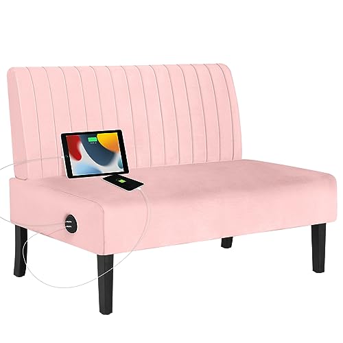 STHOUYN Mini Small Comfy Couch Armless Loveseat Sofa for Bedroom with USB Port, Velvet Small Couches for Small Spaces Living Room, Apartment Office Dorm (Pink) - Pink
