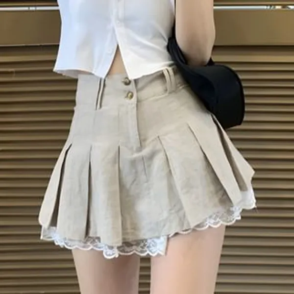 High Waist Lace Trim Pleated Mini A-Line Skirt