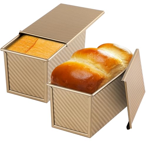 Beasea Pullman Loaf Pan 2 Pack, 1 lb Non-Stick Bread Pan with Lid Carbon Steel Gold Toast Box Mold With Cover For Bakeware Bread, Baking Tools for Oven Baking - 2pcs - Gold, 1lb