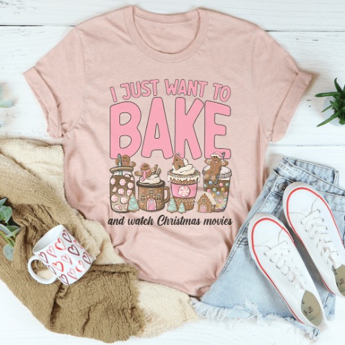 I Just Want To Bake And Watch Christmas Movies Tee - Heather Prism Peach / M
