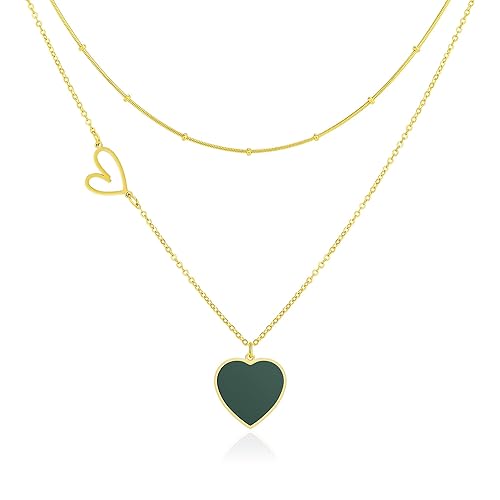Linawe Layered Choker Heart Pendant Necklace for Women Trendy, Gold/Silver/Rose Gold Chain Stainless Steel Stacked Necklaces, Double Heart Necklace Y2K Preppy Jewelry - Gold,Green Heart - Yellow Gold