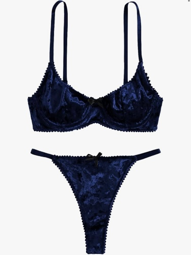 Women's Sexy Velvet Underwire Bra and Panty Set Bow Knot 2 Piece Lingerie Set