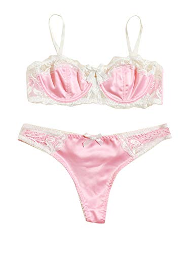 Verdusa Women's Floral Lace Bow Knot Underwire Thong Satin Lingerie Set - Small - Pink