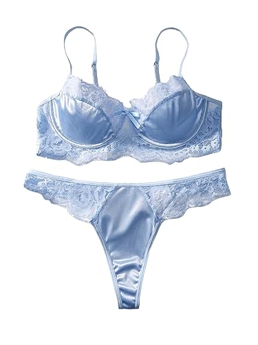 Verdusa Women's Floral Lace Bow Knot Underwire Thong Satin Lingerie Set - Small - Blue