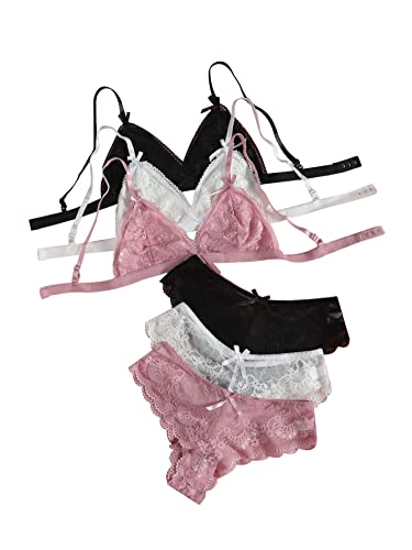 GORGLITTER Women's 3 Pack Floral Lace Matching Bra and Panty Set Bow Front Bralette and Cheeky Lingerie Set - Small - Multicolor