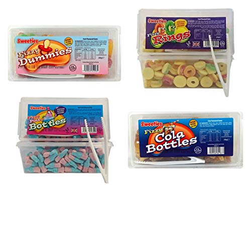 Sweeties Fizzy and Sour Tubs of Sweets Selection 4 x 200g Boxes - Fizzy Cola Bottles, Rings, Dummies and Pink and Blue Bottles for The Sweet Drawer or Kids Parties
