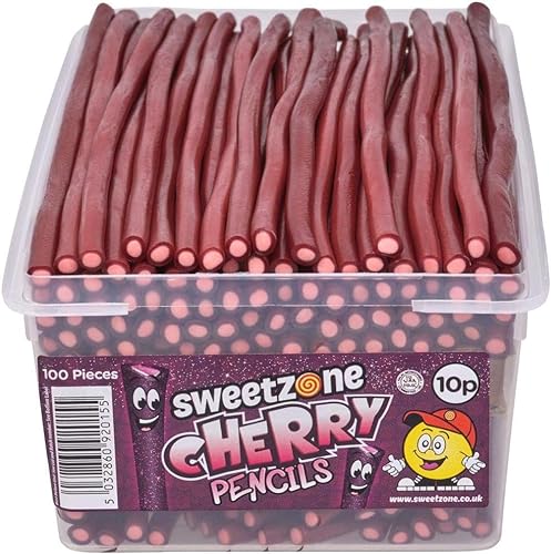 Sweetzone Cherry Pencils, Retro Sweets Tub, Candy Sticks, 100 pcs, Halal Sweets, Sweets Bulk, Sweet Cart, Gummy Sweets, American Candy, UK British Sweets for Sweet Enthusiasts - Cherries