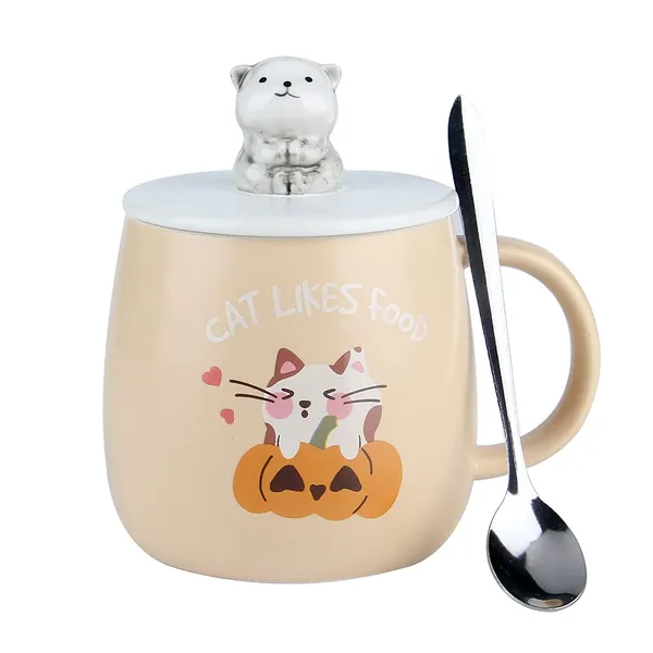 Katze Tassen,Keramik Kaffeebecher, Süß Cat Teetassen Handgemacht, mit Deckel und löffel, Einzigartig Heiß Schokolade Neuheit Becher, Weihnachten, Geburtstag zum Mädchen Frauen