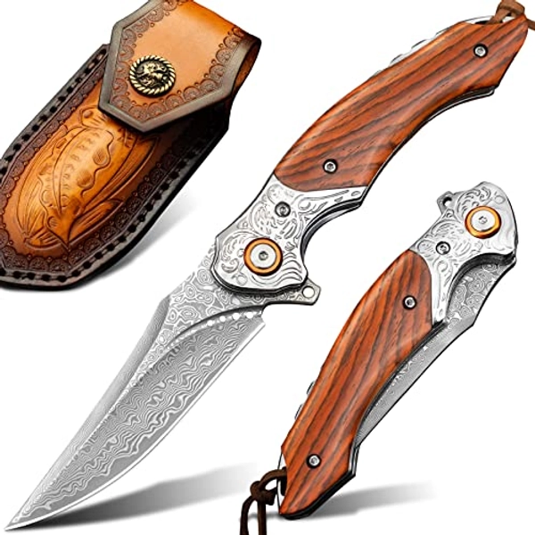 LOTHAR Damascus Pocket Knife for Men, 7.78" VG10 Folding Knife with Retro Leather Sheath and Classical Bolster, EDC Knife Anniversaries, Christmas, Stocking Stuffers for Men Dad, Elegant Gifts for Men (Red)