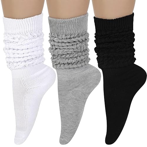 Geyoga 3 Pairs Slouch Socks Scrunch Socks Cotton Knit Boot Socks Soft Long Socks Winter Stacked Socks for Women - Black, White, Gray - 7-10