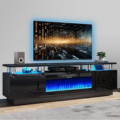 oneinmil 80" Modern Electric Fireplace TV Stand for TVs Up to 90 inch, with Electronic Flame and LED Lights, Luxury High Gloss Finish Entertainment Center, TV Console Cabinet for Living Room, Black - 80'' - Black+doorknob