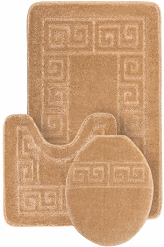 WPM WORLD PRODUCTS MART 3 Piece Bath Rug Set Pattern Bathroom Rug (20"x32")/Large Contour Mat (20"x20") with Lid Cover (Beige) - Beige