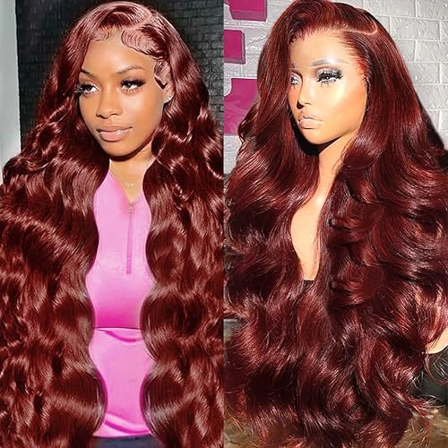 38 Inch Reddish Brown Lace Front Wigs Human Hair Body Wave 13x6 Hd Transparent Lace Front Wig Human Hair Pre Plucked with Baby Hair 180% Density 33# Auburn Brown Human Hair Lace Frontal Wigs - 38 Inch - 13x6 Reddish Brown