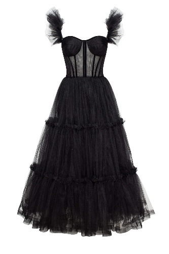 Black Ruffled Tulle Midi Dress | L / Black