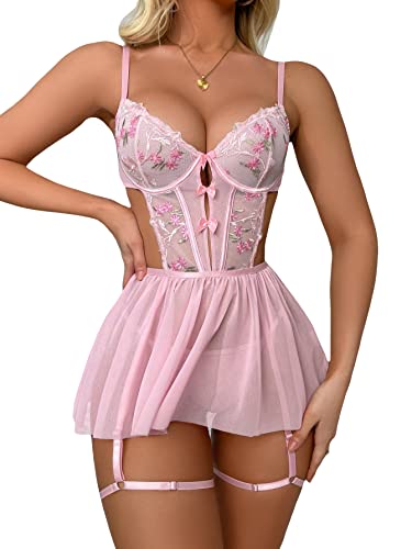 WDIRARA Women's Floral Embroidery Mesh Split Cut Out Babydoll Lingerie Slip Dress - Small - Pink