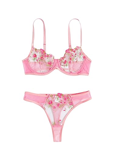 WDIRARA Women's 2 Piece Floral Embroidery Underwire Lingerie Set Mesh Bra and Panty Set - Small - Pink