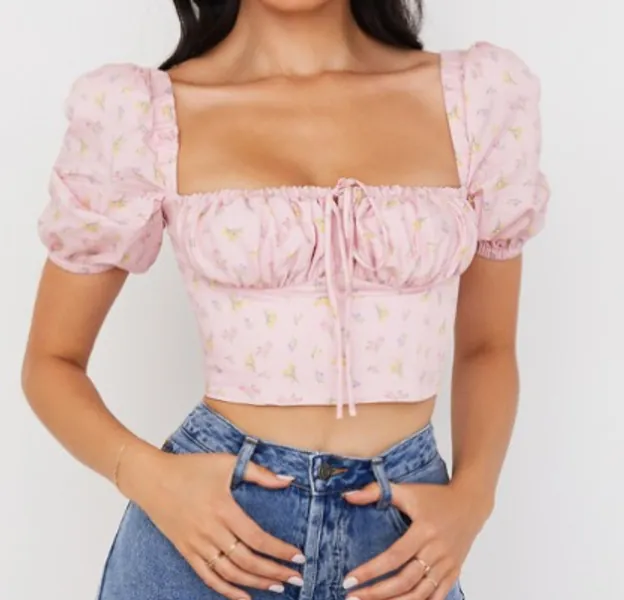 Pink Floral Puff Sleeve Corset