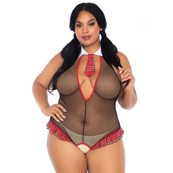 LEG AVENUE SCHOOLGIRL CROTHLESS FITNESS TEDDY PLUS SIZE