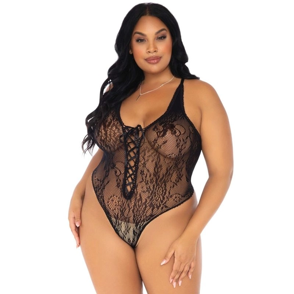 LEG AVENUE FLORAL LACE THONG TEDDY PLUS SIZE