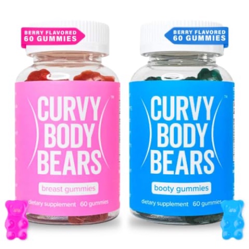 Curvy Body Bears Bum & Chest Combo Pack Gummies for Women | Workout Aid | Fitness Supplement | with Essential Herbs, Vitamins, Multivitamins, Fenugreek, and Ginseng | Berry Flavored | (120 Gummies) - Pink/Blue