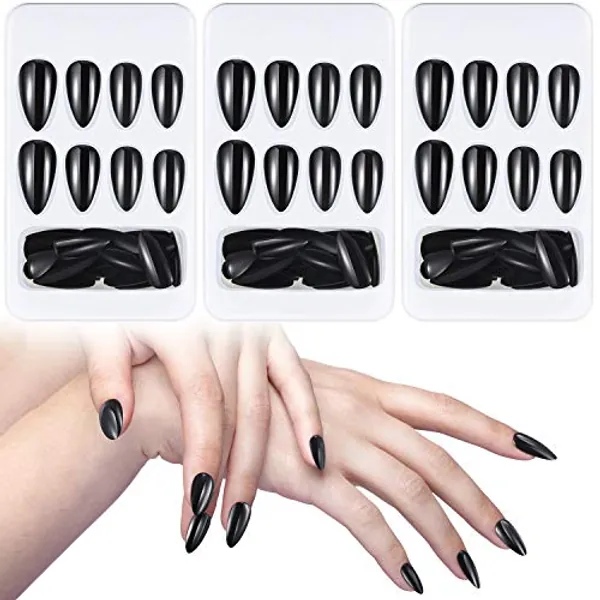 84 Pieces False Nails Artificial Stiletto Nail Tips Black Glossy Fake Nail Tips Full Cover Long Fingernails with Files Sticks Kit 12 Sizes for Salon Women and Girls Nail Art DIY Decoration