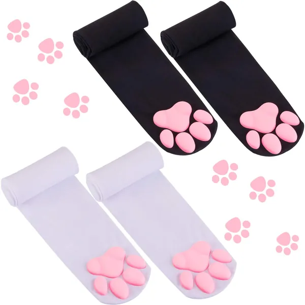 2 Pairs Cat Paw Pad Socks 3D Kitten Claw Stockings Cute Cat Thigh High Socks for Girls Women Lolita Cat Cosplay, Black and White