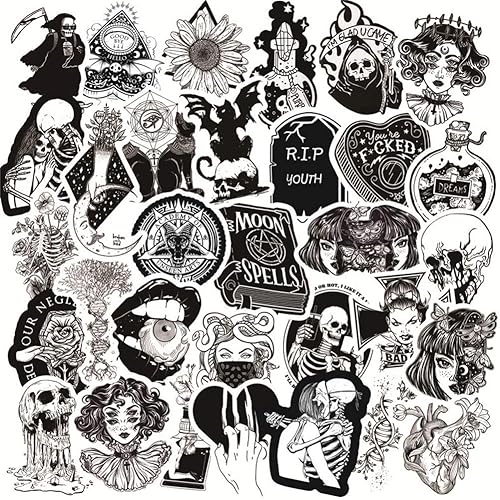 50PCS Gothic Stickers for Water Bottle,Black White Skull Stickers,Waterproof Vinyl Stickers Perfect for Laptop Phone Car Skateboard