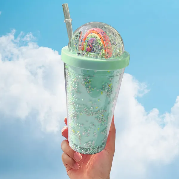 DAWNTREES Water Bottles, Cup with Straw, Plastic Cup, 550ML, Rainbow Water Cup, Creative, Cool, Fashion Sequin, Large Capacity Ladies Forest Double Color Bead Smooth Drink Cup