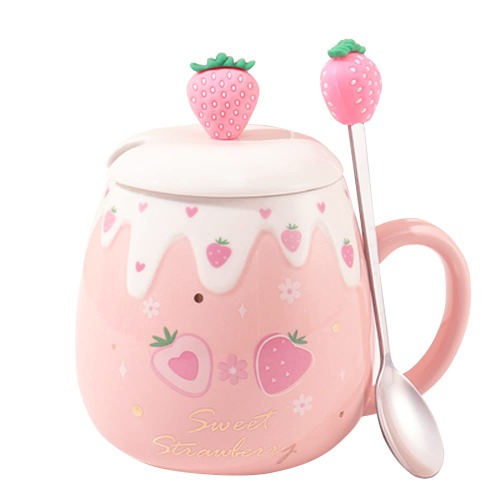Cute Strawberry Mugs Pink Coffee Mug Ceramic kawaii Cup Morning Tea Milk Fruit Mug with Lovely Lid Stainless Steel Spoon Creative Novelty Birthday Valentine's Day Christmas for Lovers Girl 500ML (S)