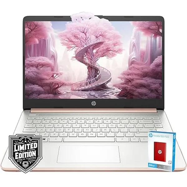HP 14" HD Laptop | Back to School Limited Edition with 1 Year Microsoft 365 | Intel Quad-Core Processor | 8GB RAM | 576GB Storage | Long Battery Life | Rose Gold | 512GB HP P500 External SSD | Win 11