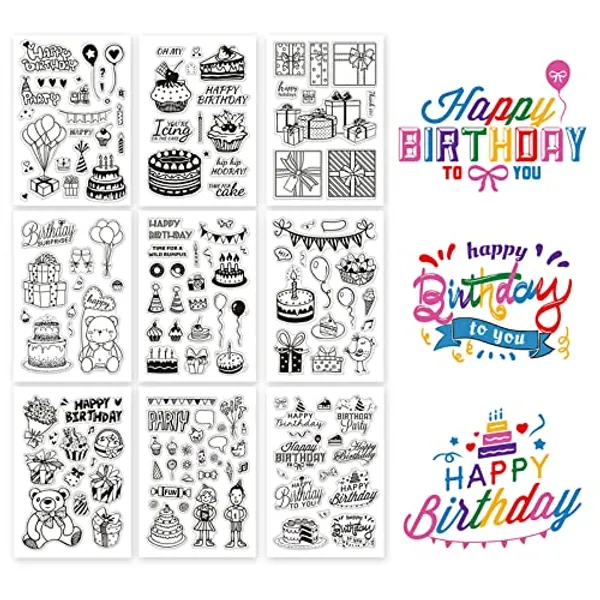 GLOBLELAND 9 Sheets Happy Birthday Silicone Clear Stamps Seal for Card Making Decoration and DIY Scrapbooking