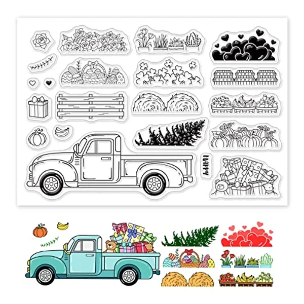 INFUNLY Pickup Truck Clear Stamps Pickup Truck with Gift Flower Heart Pumpkin Fruit Plant Transparent Rubber Stamps Happy Easter Clear Stamps for DIY Scrapbooking Card Making Album Paper Crafts