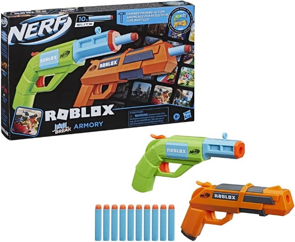 NERF Roblox Jailbreak: Armory, Includes 2 Hammer-Action Blasters, 10 Elite Darts, Code to Unlock in-Game Virtual Item
