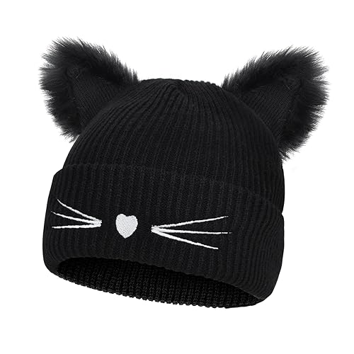 beifon Womens Winter Warm Cute Cat Ears Beanie Hat Thermal Knit Crochet Braided Fashion Hats Soft Ski Snowboard Hat Double Faux Fur Bobble Pom Pom Cat Hat for Girls Ladies Valentines Gifts Black