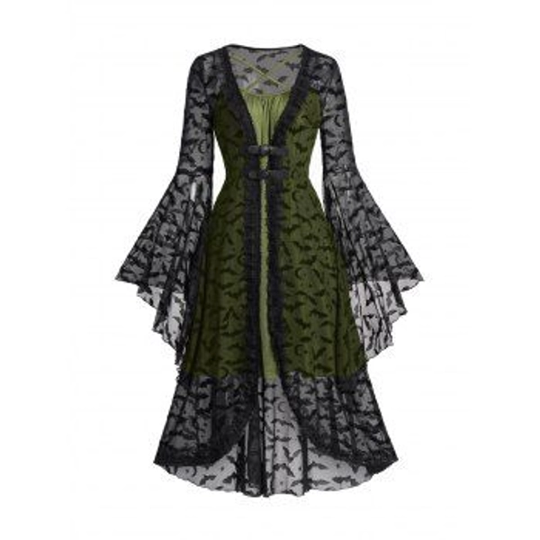 Bat Pattern Mesh Gothic Top and Criss Cross Adjustable Strap Cami Dress Halloween Set