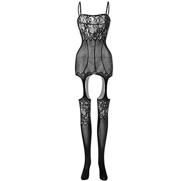 Cctiwee Women's Hollow Out Fishnet Bodystocking Open Crotch Strap Floral Lace Bodysuit Lingerie