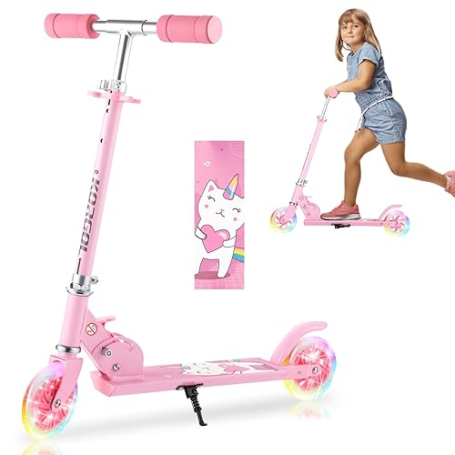 Scooter for Kids Ages 3-12 - Kids Kick Scooters with Led Light Up Wheels & 3 Levels Adjustable Handlebar, Lightweight Foldable 2 Wheel Girly Pink Scooter, Christmas Birthday Gifts for Girls Boys. - pink
