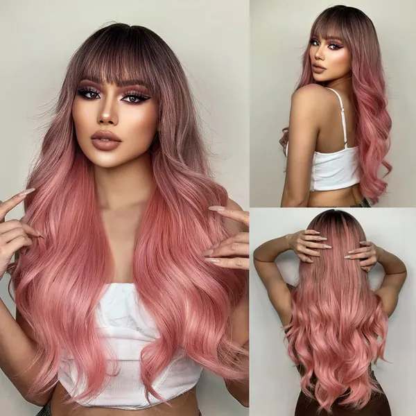 Pink Wigs for Women, Long Wavy Curly Wigs, No Lace Colored Wigs with Bangs, Ombre Black to Pink Wig, Synthetic Wigs for Daily Cosplay Party Replacement 24inch - Ombre Black to Pink