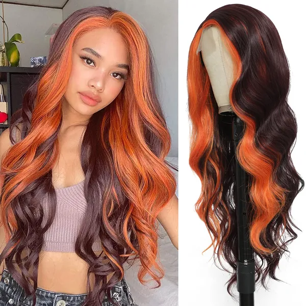 Long Wavy Highlight Wigs for Women 28 Inch Side Part Body Wave Wig Skunk Stripe Hair Wig Wine Red and Orange Colored Wig Synthetic Lace Front Wig for Daily Party Cosplay Halloween Use - 18C/350